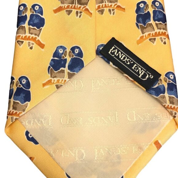 Lands End Silk Parrot Necktie Blue Parrot Pair on Branch Yellow Background USA - Picture 4 of 5
